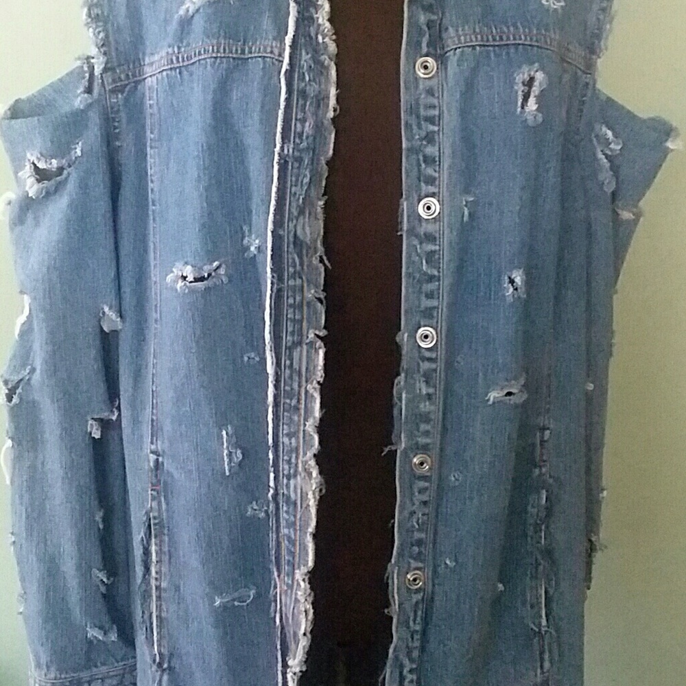 Jean Distressed Denim Cold Shoulder Dress Jacket - Picture 3 of 5